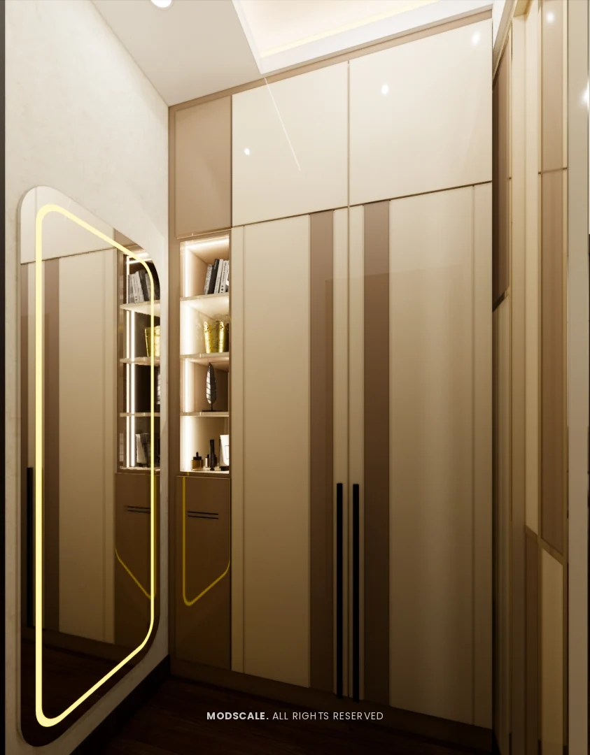 Dressing area wardrobe in beige and brown with backlit mirror and lit shelves, Rakesh and Namrata’s villa interior at NVT Symphony of Orchards, Bengaluru