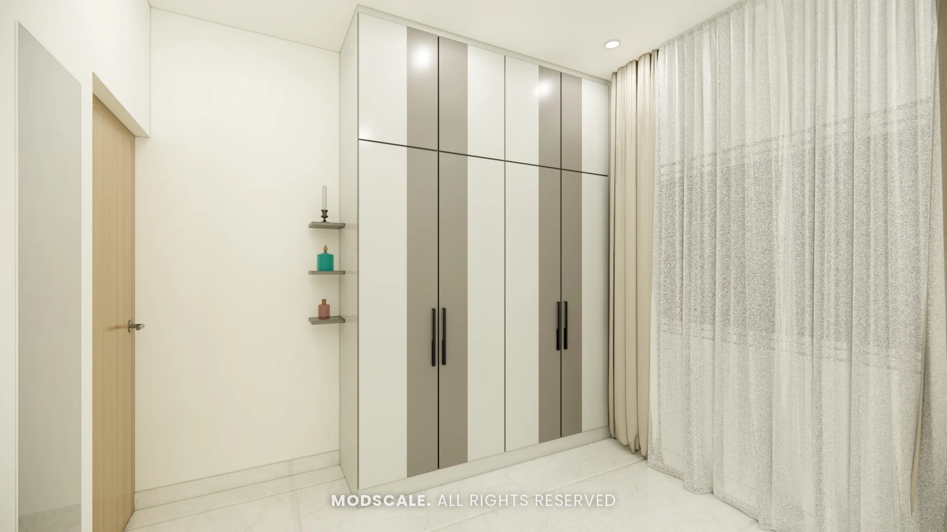 Bedroom wardrobe with loft storage and corner wall ledges beside the door, 1BHK interior for Rashmi at Prestige City Eden Park, Sarjapur Road
