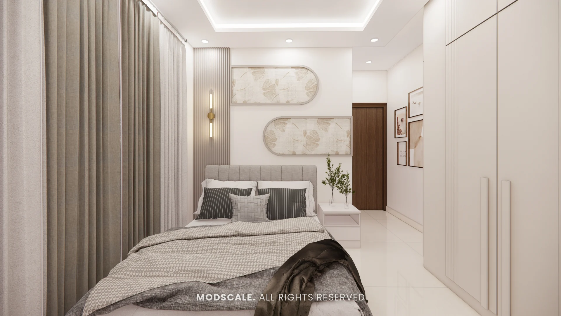 Master bedroom bed wall with wall light, gallery frames and cove-lit ceiling, Santhosh’s home interior at Prestige City Meridian Park, Sarjapur Road