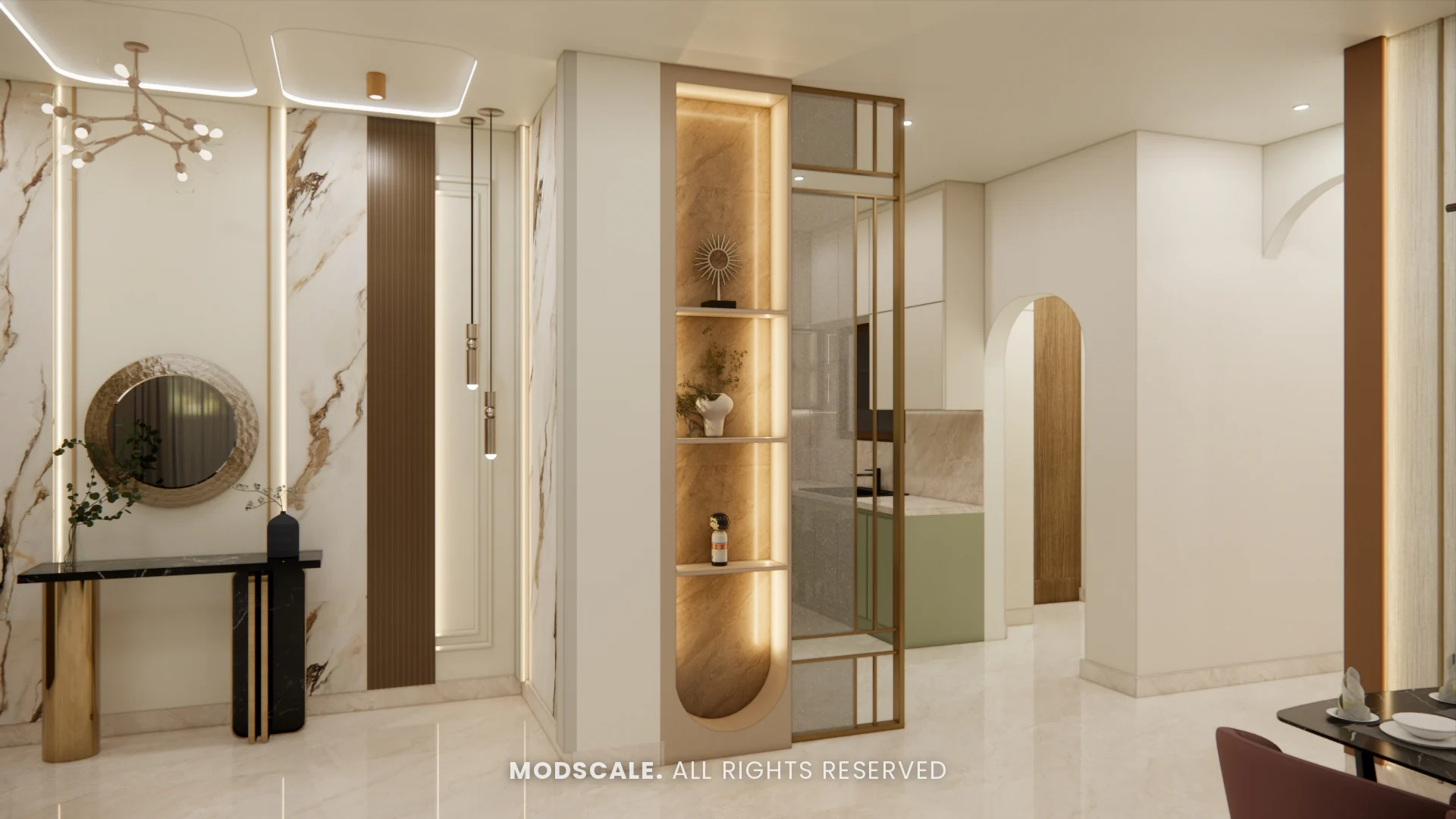 Foyer with marble-finish console wall, round mirror and backlit display partition opening to the dining area, Saurabh Sharma’s home interior at House of Hiranandani, Bannerghatta