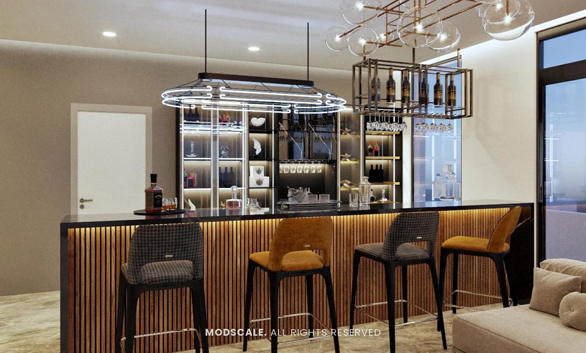 Bar counter with fluted wood front, lit glass back display and hanging bottle rack, Shankar’s villa interior at Royal Meridian Layout, Begur, Bengaluru