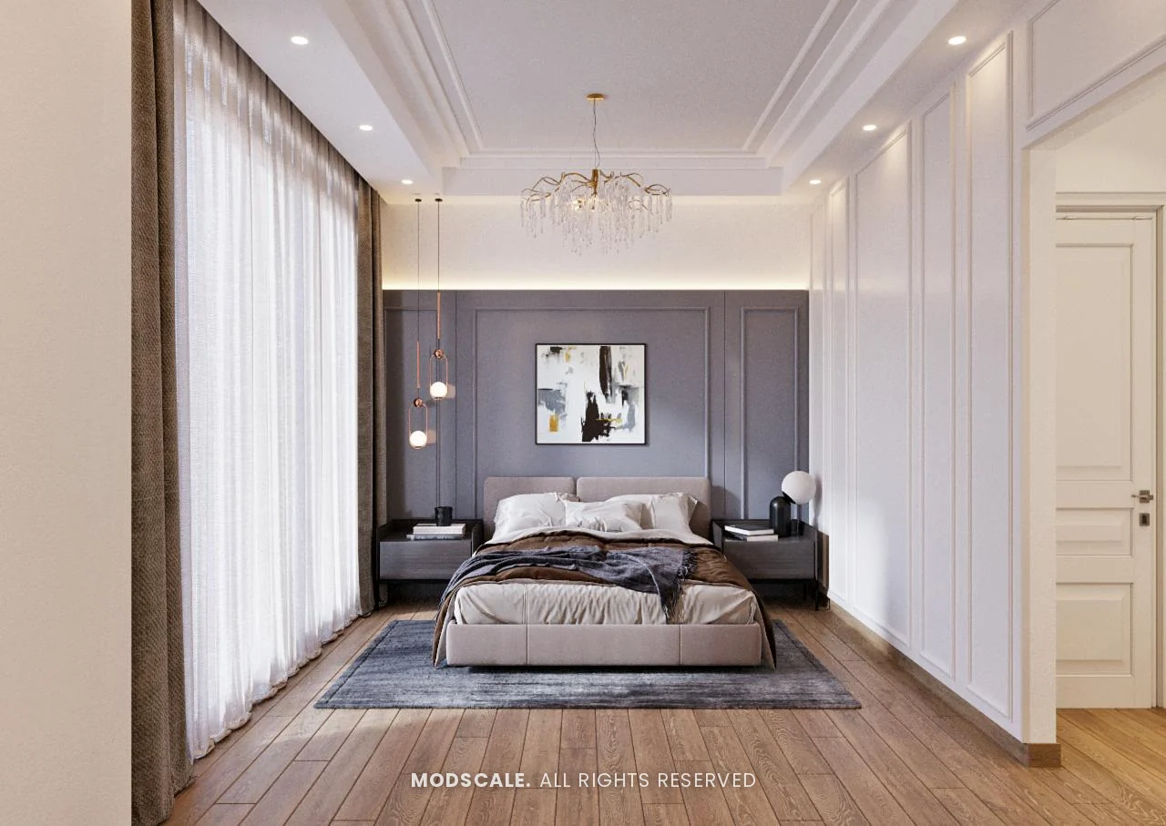 Ground-floor bedroom with grey panelled headboard wall, pendant lights and tray ceiling, Shankar’s villa interior at Royal Meridian Layout, Begur, Bengaluru