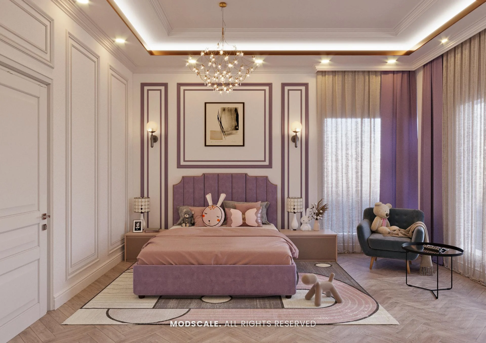 Bedroom with lilac upholstered bed, moulded wall frames and lilac curtains, Shankar’s villa interior at Royal Meridian Layout, Begur, Bengaluru