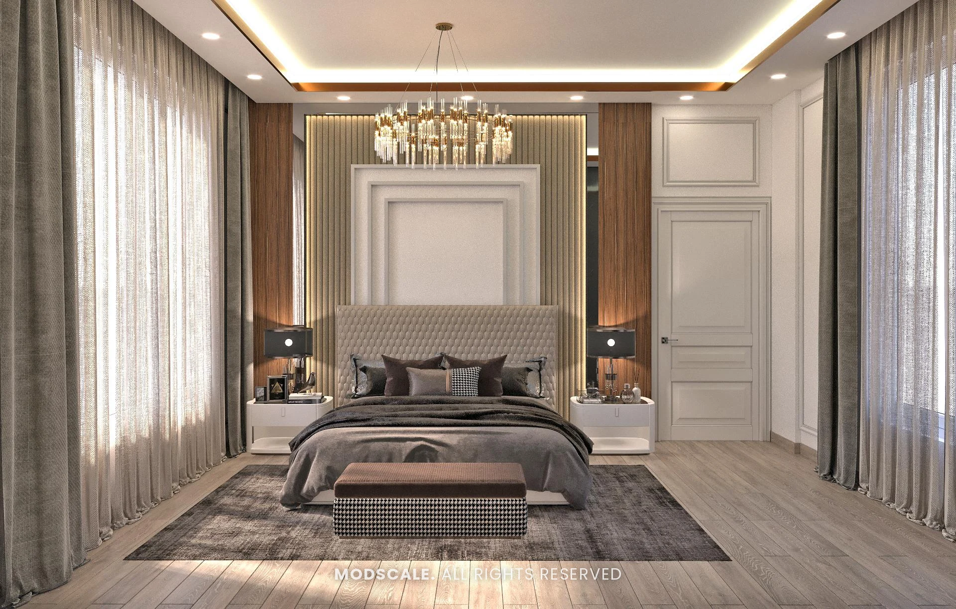 Bedroom with tufted grey headboard, fluted backlit panel, walnut strips and ring chandelier, Shankar’s villa interior at Royal Meridian Layout, Begur, Bengaluru