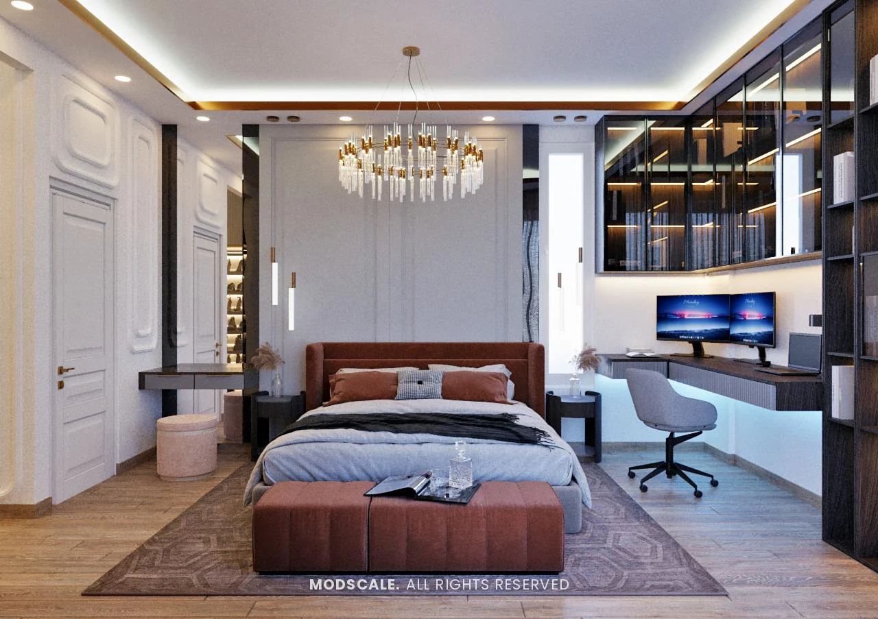 Bedroom with terracotta bed and bench, long study desk with twin monitors and dark shelving, Shankar’s villa interior at Royal Meridian Layout, Begur, Bengaluru