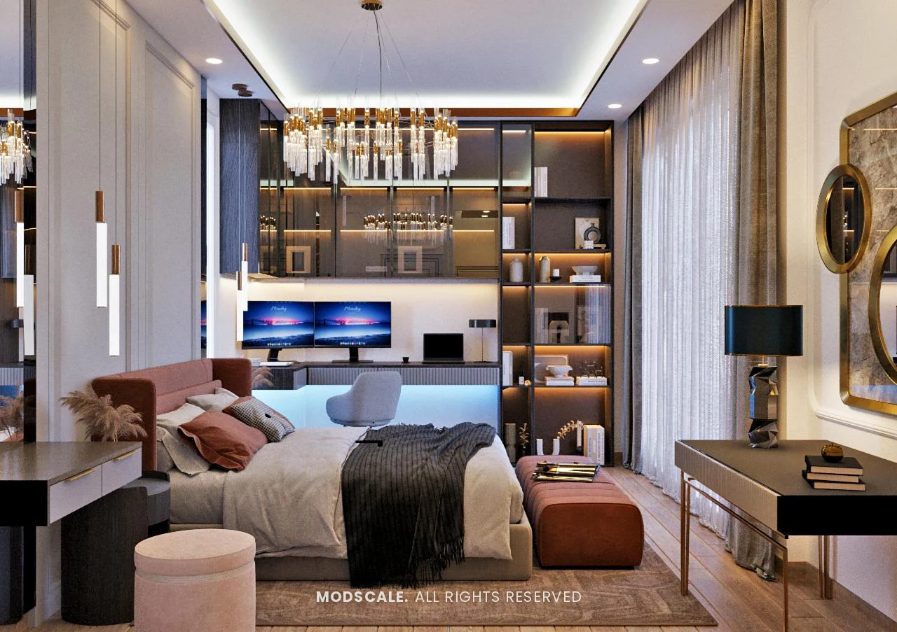 Bedroom study wall with dark-framed glass cabinets, lit shelves and chandelier, Shankar’s villa interior at Royal Meridian Layout, Begur, Bengaluru