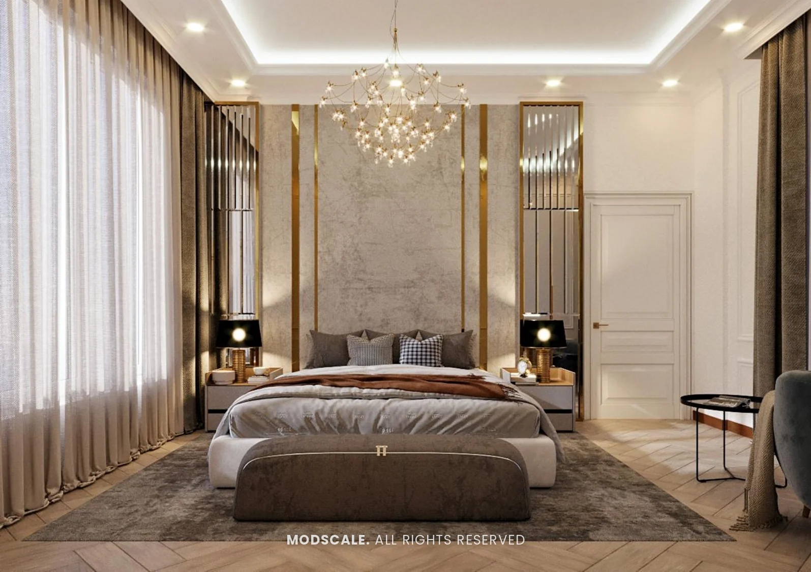 Bedroom with stone-finish headboard panel, brass strips, mirrored side panels and starburst chandelier, Shankar’s villa interior at Royal Meridian Layout, Begur, Bengaluru