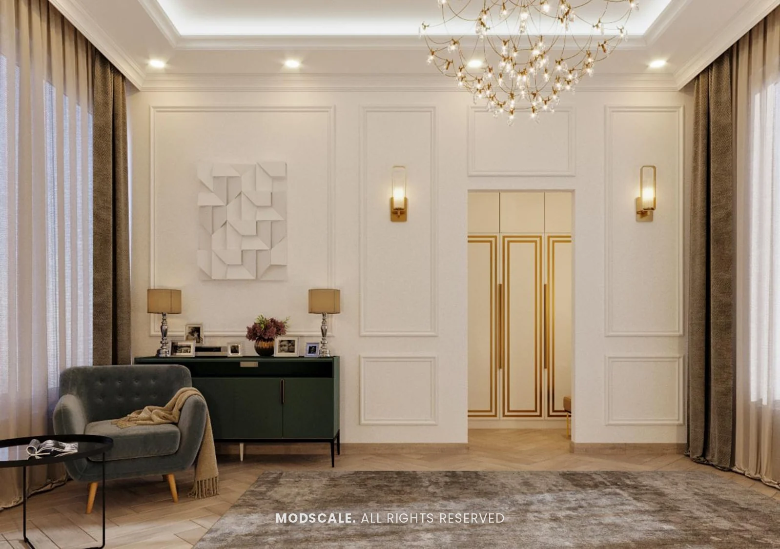 Bedroom seating corner with green console, armchair and panelled wall, Shankar’s villa interior at Royal Meridian Layout, Begur, Bengaluru