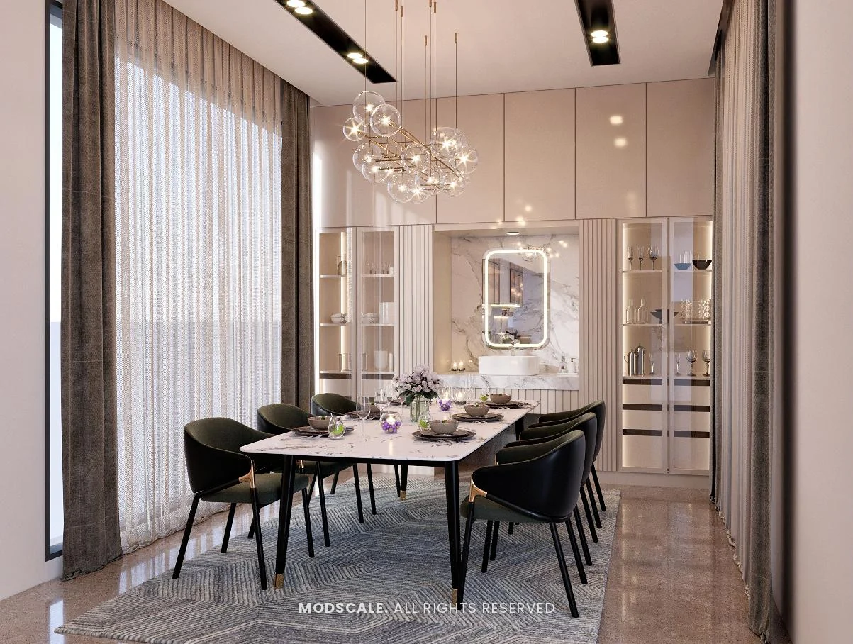 Dining room with marble-top table, black chairs, globe chandelier and crockery wall with wash basin, Shankar’s villa interior at Royal Meridian Layout, Begur, Bengaluru