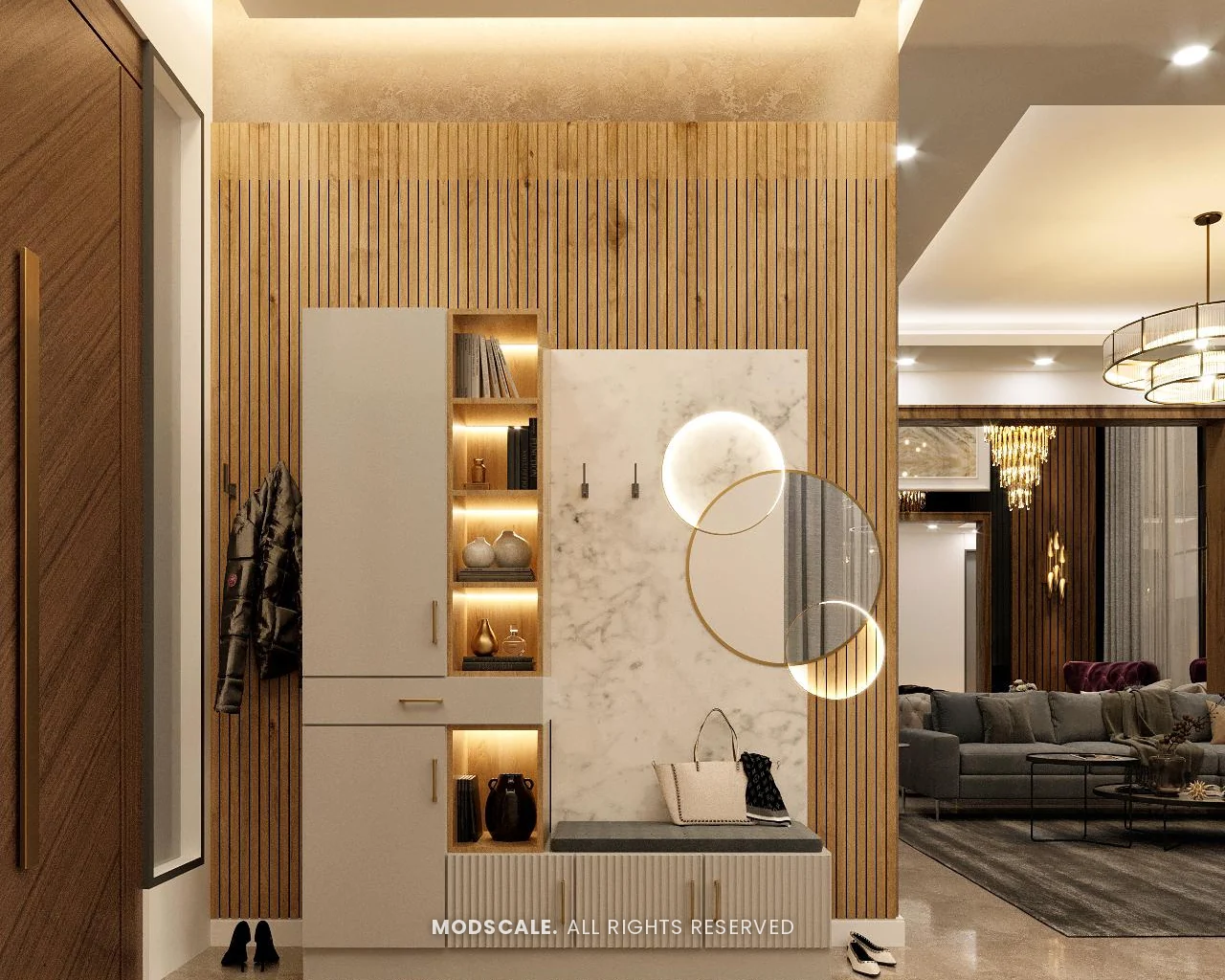 Foyer unit with wooden slat backdrop, lit shelves, seat and ring mirror, Shankar’s villa interior at Royal Meridian Layout, Begur, Bengaluru