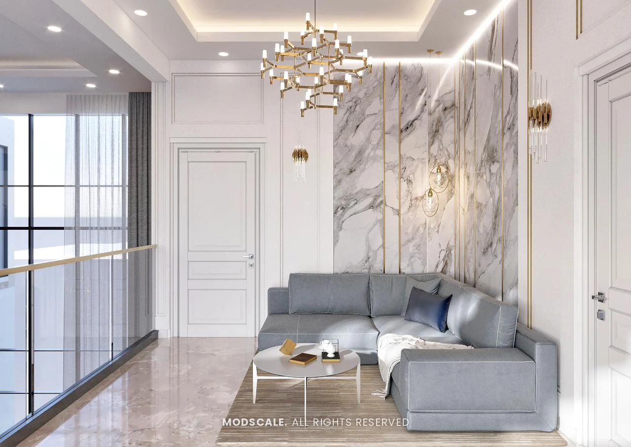 First-floor hallway seating with marble and brass feature wall and glass railing, Shankar’s villa interior at Royal Meridian Layout, Begur, Bengaluru