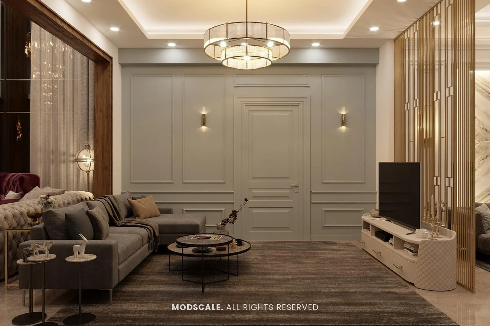 Informal living area with grey sectional sofa, sage panelled wall and brass screen partition, Shankar’s villa interior at Royal Meridian Layout, Begur, Bengaluru