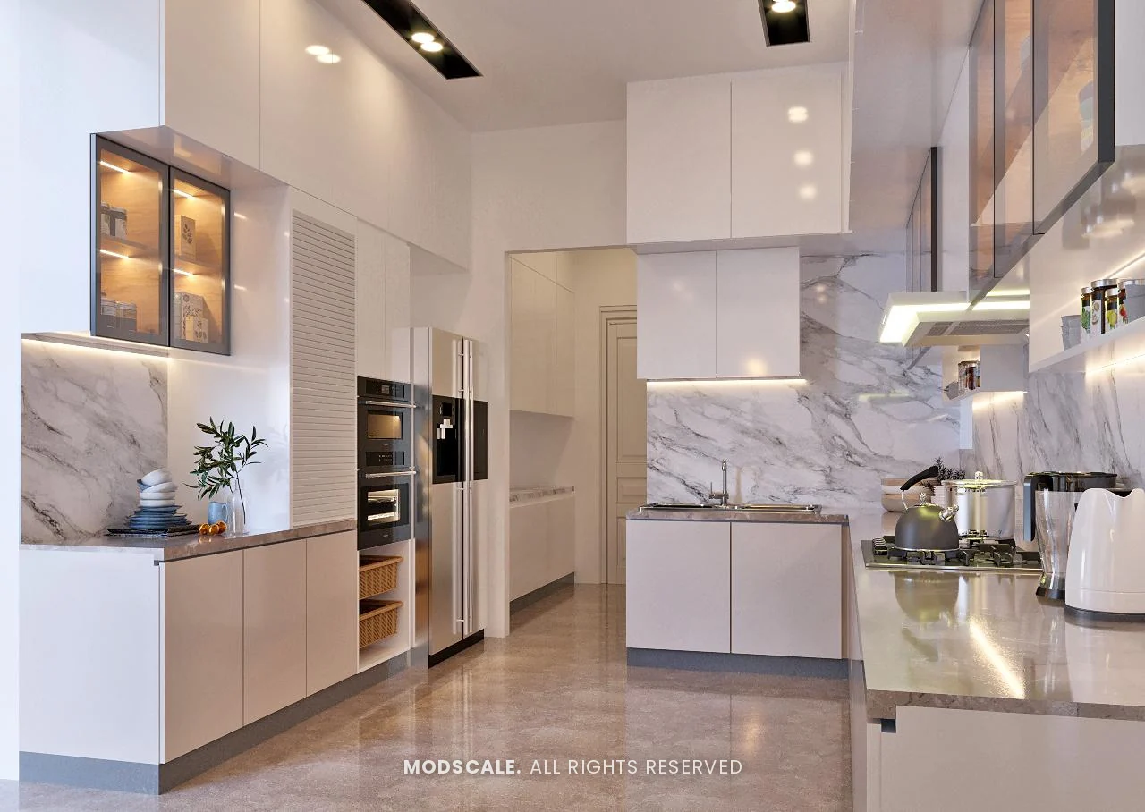 Kitchen tall unit with built-in ovens and refrigerator, with island counter, Shankar’s villa interior at Royal Meridian Layout, Begur, Bengaluru