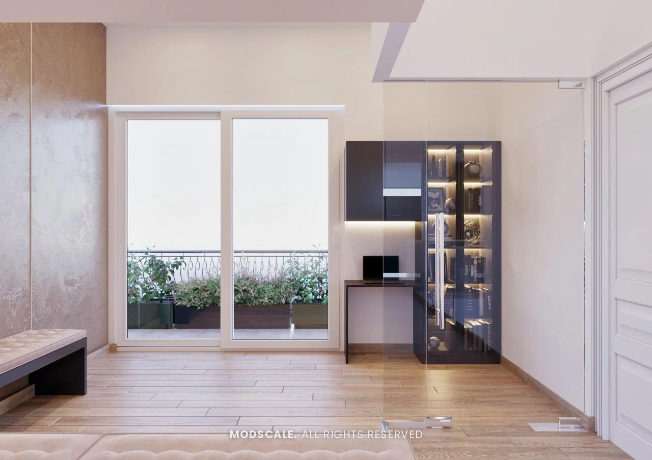 Library with glass partition, display cabinet, desk and balcony doors, Shankar’s villa interior at Royal Meridian Layout, Begur, Bengaluru