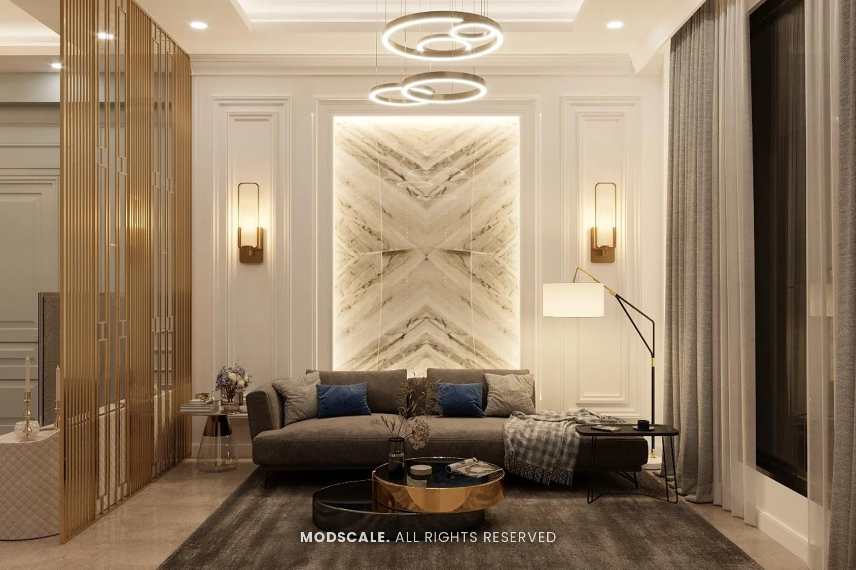 Lounge with backlit book-matched marble panel, moulded walls and ring chandeliers, Shankar’s villa interior at Royal Meridian Layout, Begur, Bengaluru