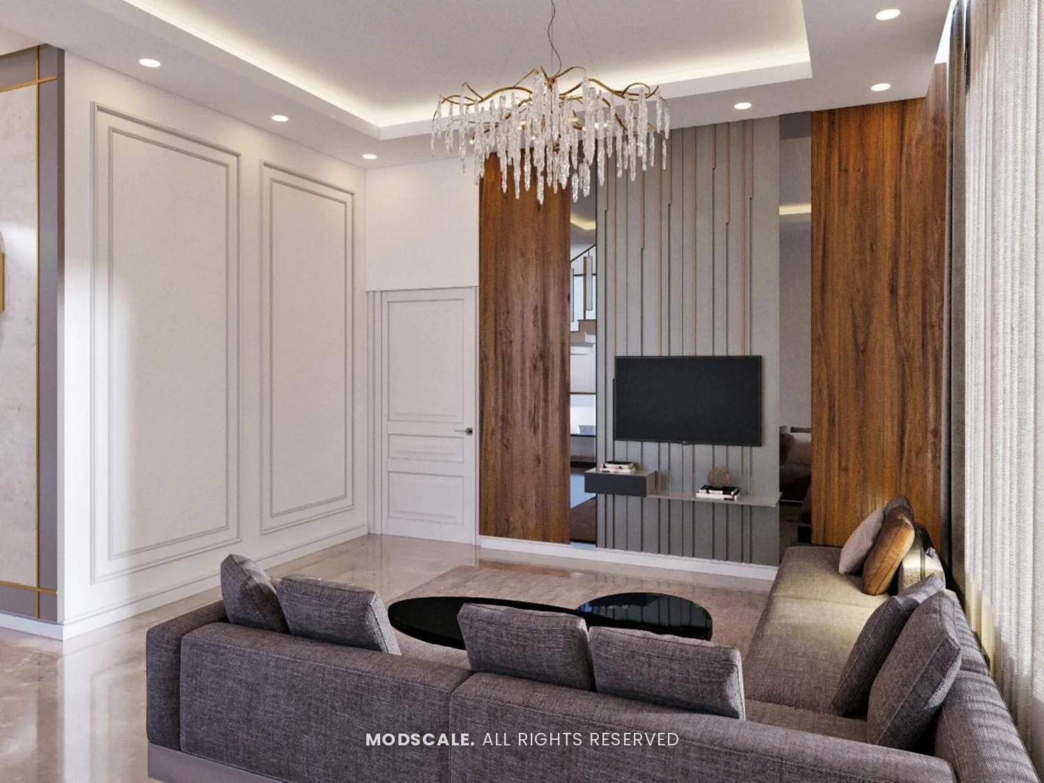 Second-floor lounge with grey sectional sofa, walnut and fluted TV wall and crystal chandelier, Shankar’s villa interior at Royal Meridian Layout, Begur, Bengaluru