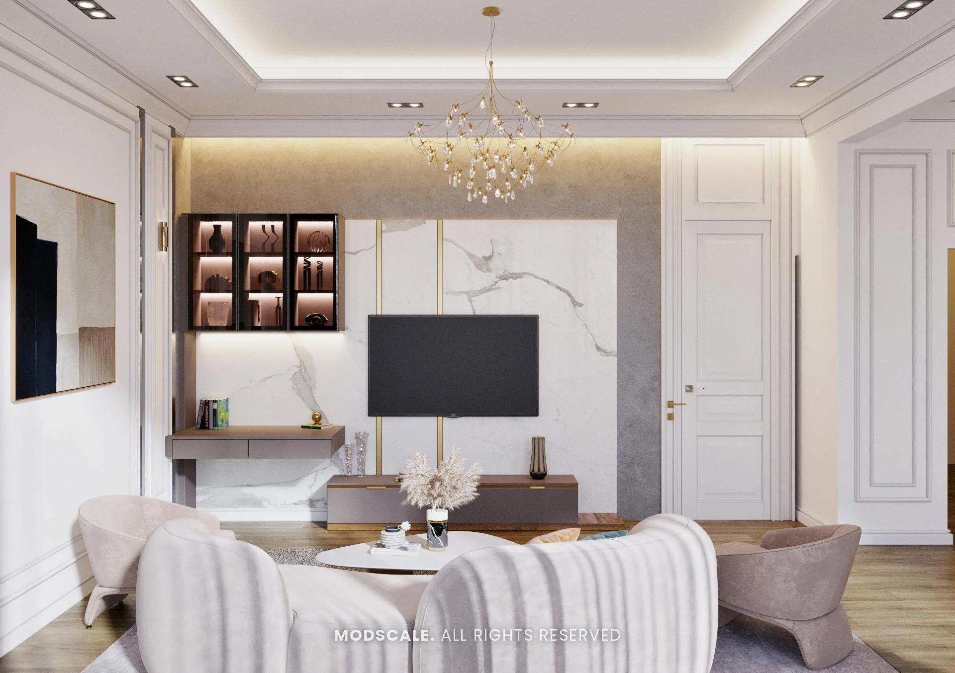 Master suite lounge with marble TV wall, lit display cabinet and curved armchairs, Shankar’s villa interior at Royal Meridian Layout, Begur, Bengaluru