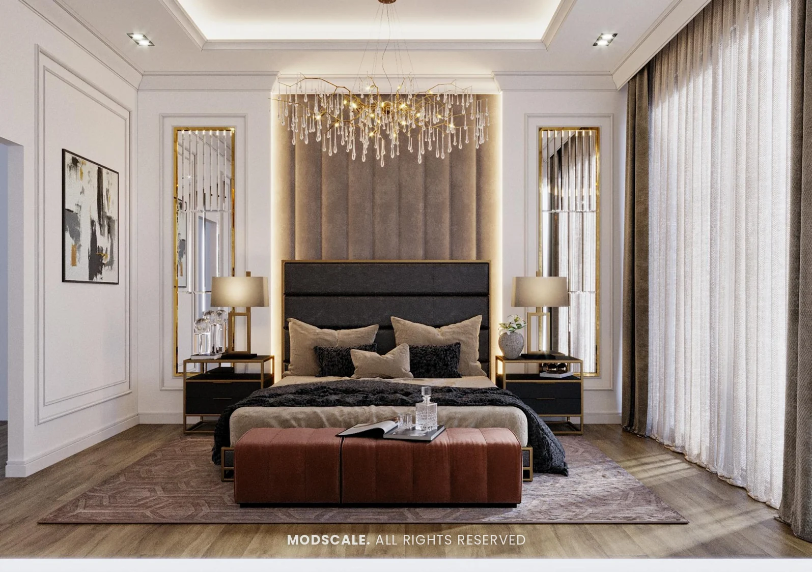 Master bedroom with tall channelled headboard panel, mirrored brass side panels and branch chandelier, Shankar’s villa interior at Royal Meridian Layout, Begur, Bengaluru