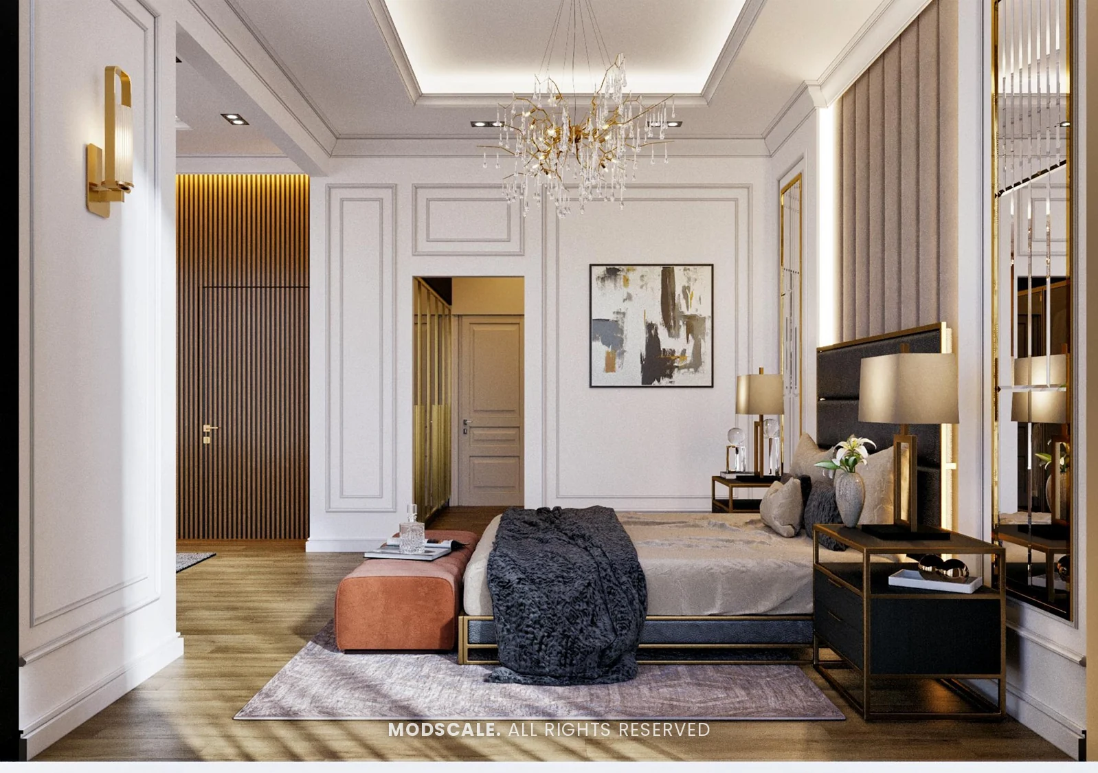 Master bedroom seen from the side, with the walk-in closet beyond, Shankar’s villa interior at Royal Meridian Layout, Begur, Bengaluru