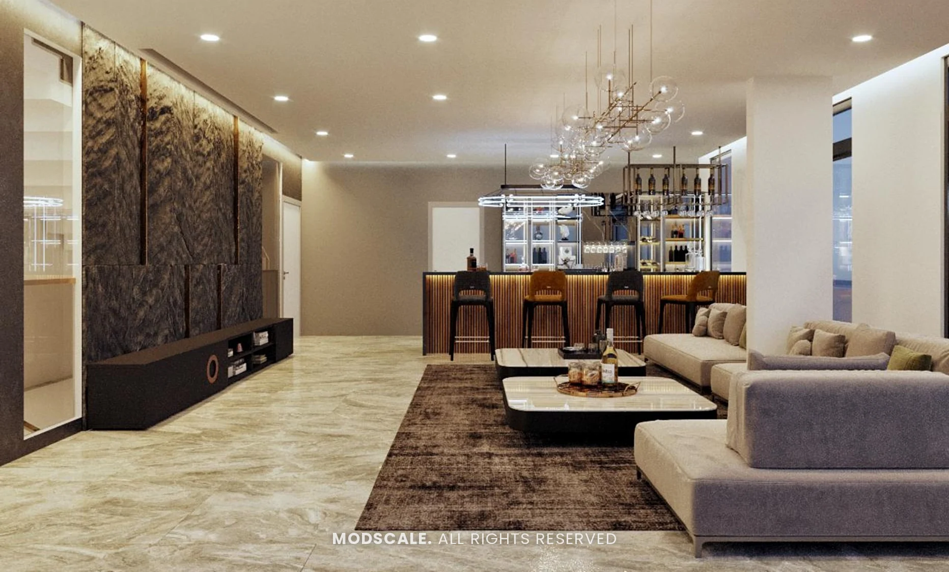 Party hall with textured stone feature wall, sectional sofa and bar counter, Shankar’s villa interior at Royal Meridian Layout, Begur, Bengaluru