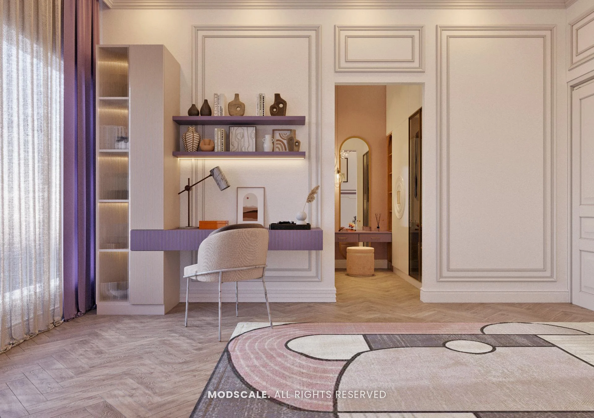 Study desk with floating shelves and lit display tower in lilac and white, Shankar’s villa interior at Royal Meridian Layout, Begur, Bengaluru