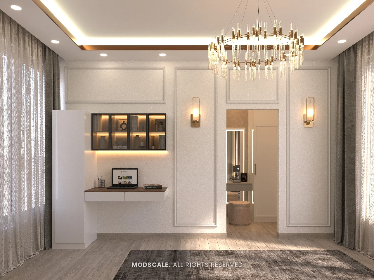 Study ledge with lit glass wall cabinet and panelled wall with brass wall lights, Shankar’s villa interior at Royal Meridian Layout, Begur, Bengaluru