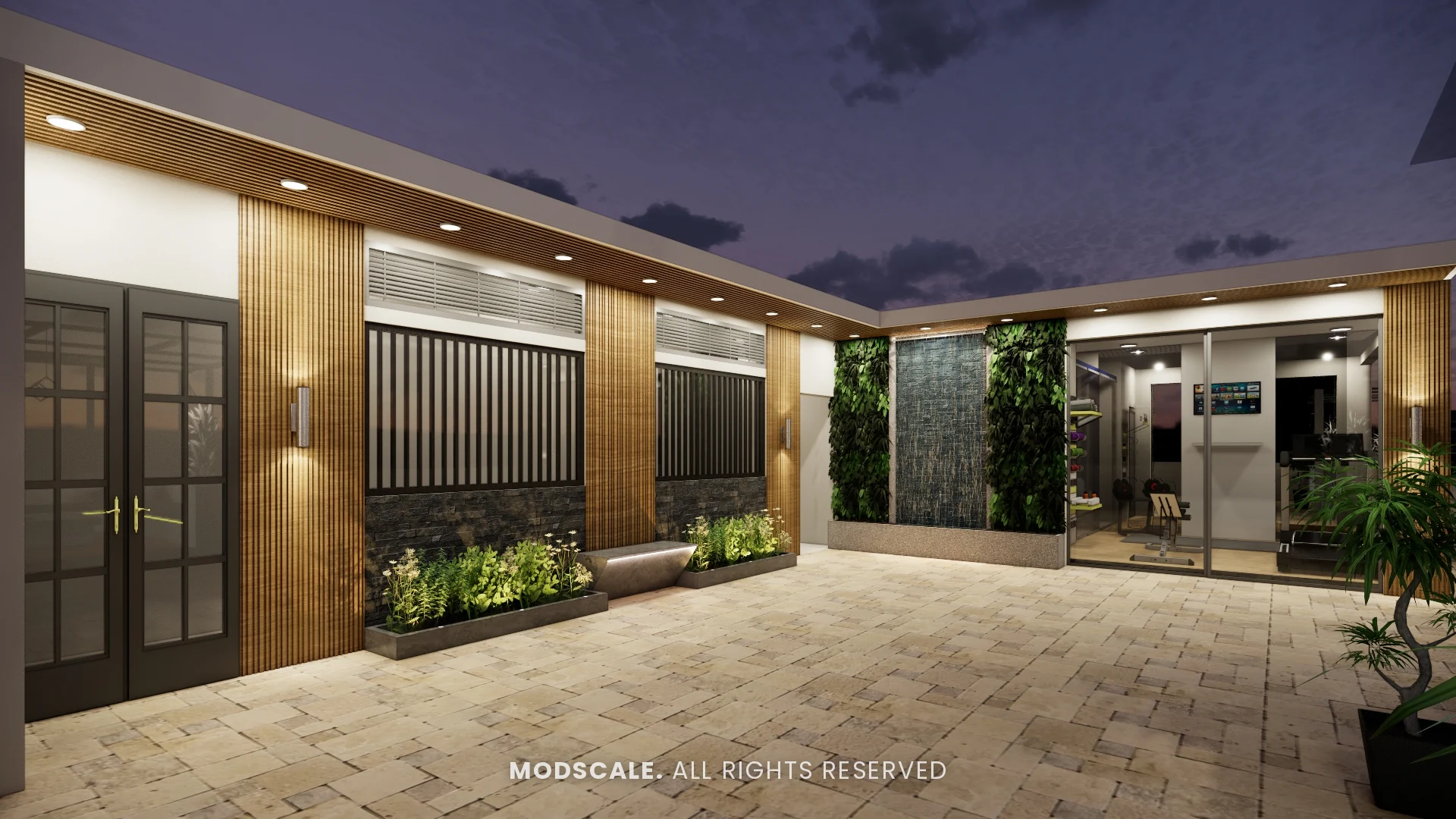 Terrace with wood-slat walls, water feature between green walls and stone paving, Shankar’s villa interior at Royal Meridian Layout, Begur, Bengaluru
