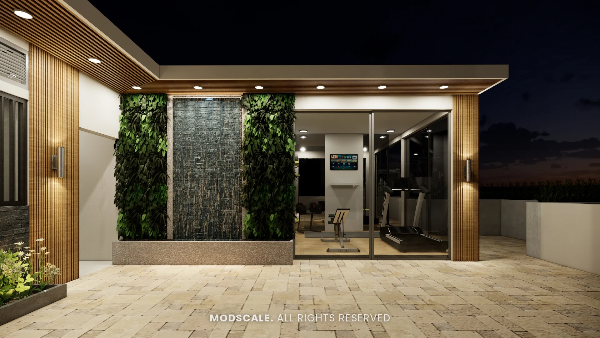Terrace gym room behind glass doors, beside the water feature, Shankar’s villa interior at Royal Meridian Layout, Begur, Bengaluru