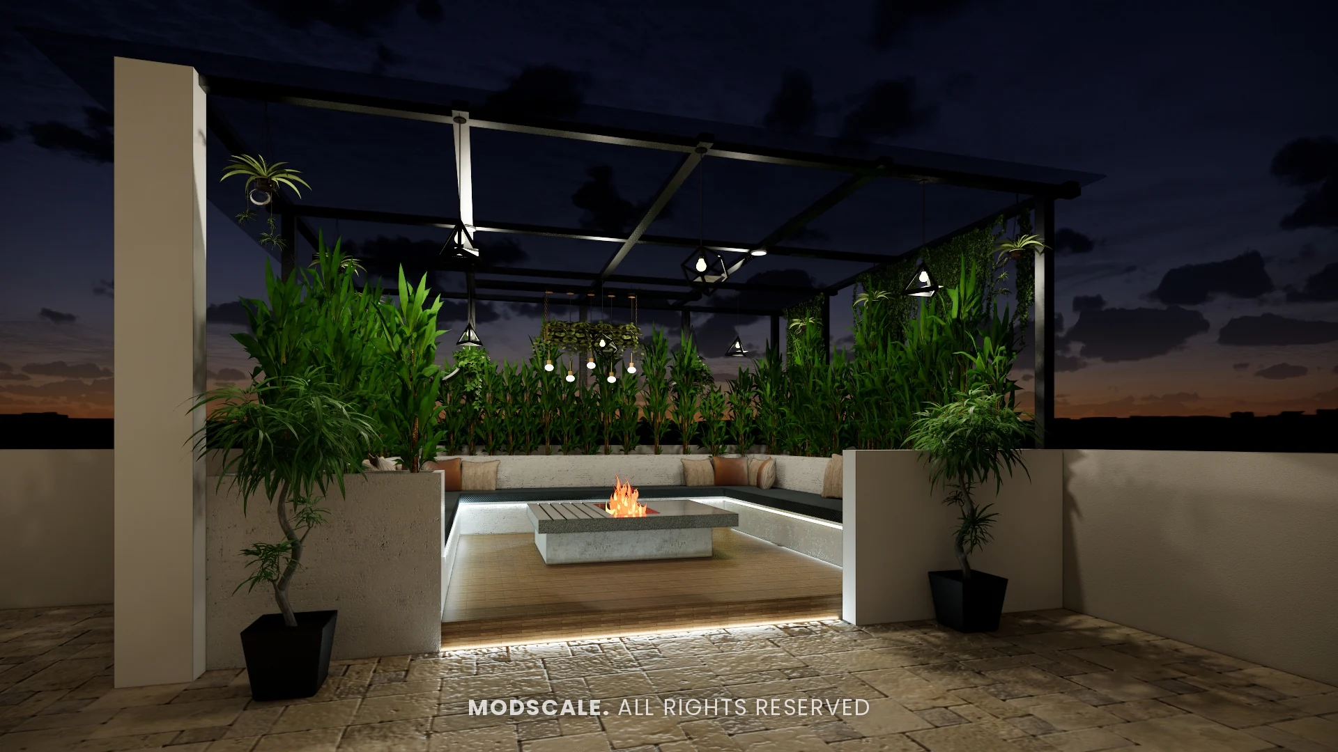 Terrace sunken seating with fire table under a pergola, surrounded by planters, Shankar’s villa interior at Royal Meridian Layout, Begur, Bengaluru