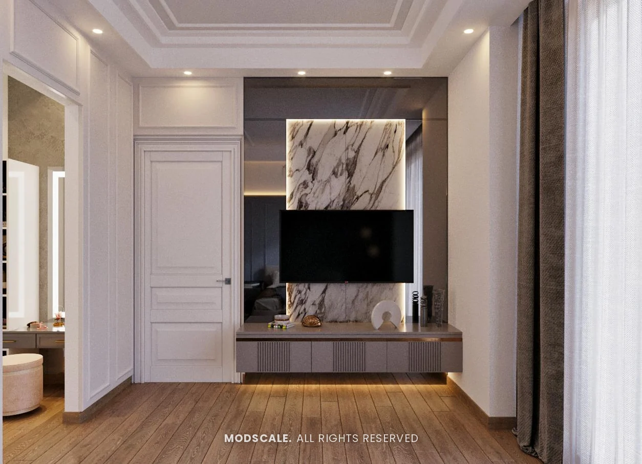 Bedroom TV unit with backlit marble panel and floating ledge, Shankar’s villa interior at Royal Meridian Layout, Begur, Bengaluru
