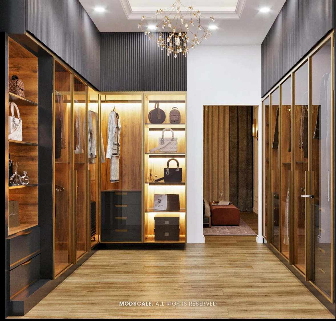 Walk-in closet with tinted glass wardrobes and lit wooden shelving, Shankar’s villa interior at Royal Meridian Layout, Begur, Bengaluru