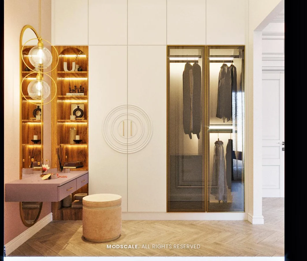 Dressing area with white wardrobe, glass-door section and lit wooden shelves, Shankar’s villa interior at Royal Meridian Layout, Begur, Bengaluru