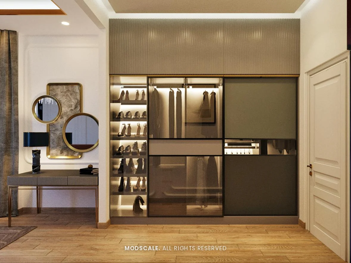 Wardrobe with tinted glass doors, lit shoe shelves and dresser with round mirrors, Shankar’s villa interior at Royal Meridian Layout, Begur, Bengaluru