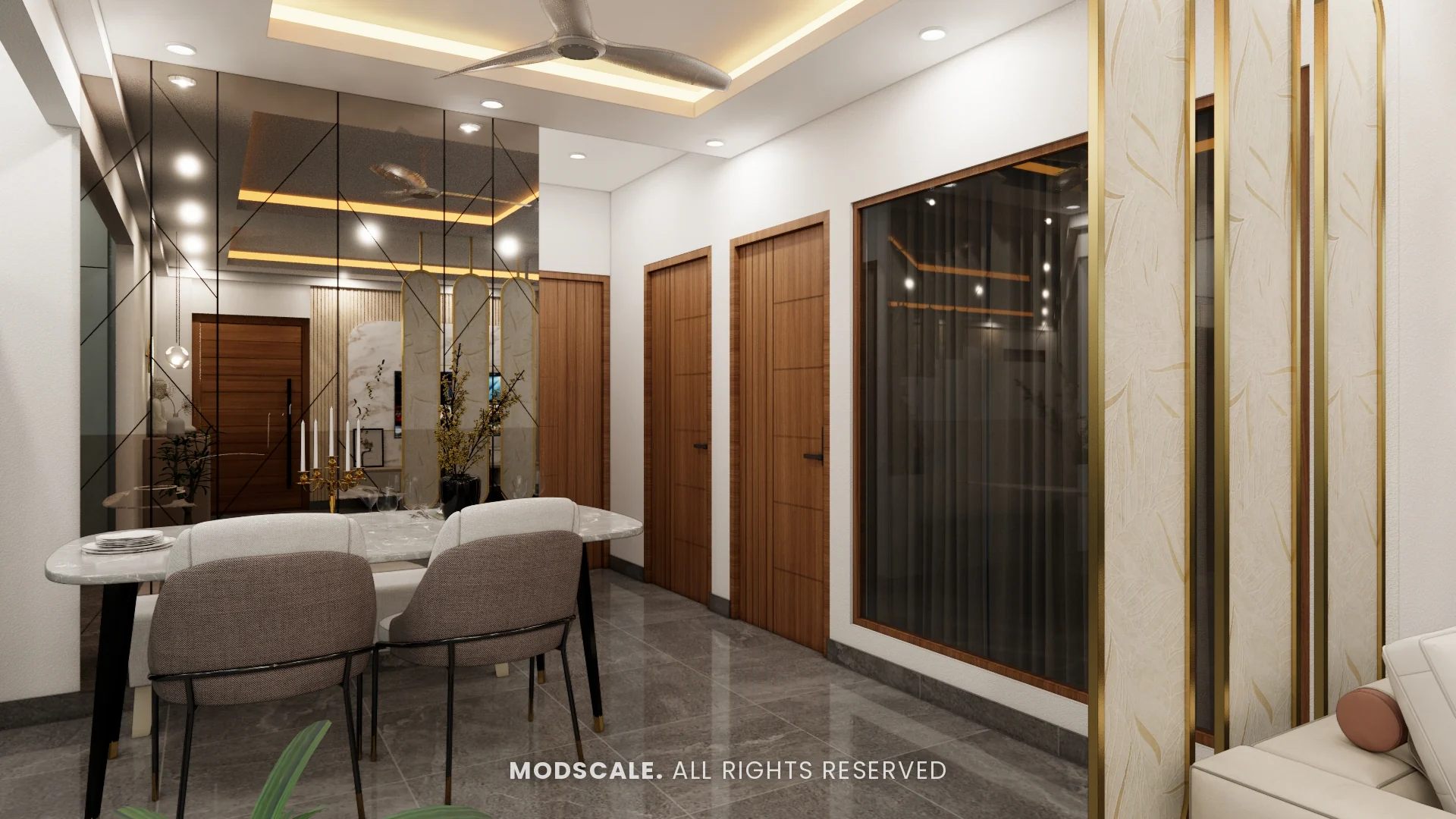 Dining table in front of a tinted mirror wall with cove-lit ceiling, Sharath’s home interior at Keya Around The Life, Whitefield