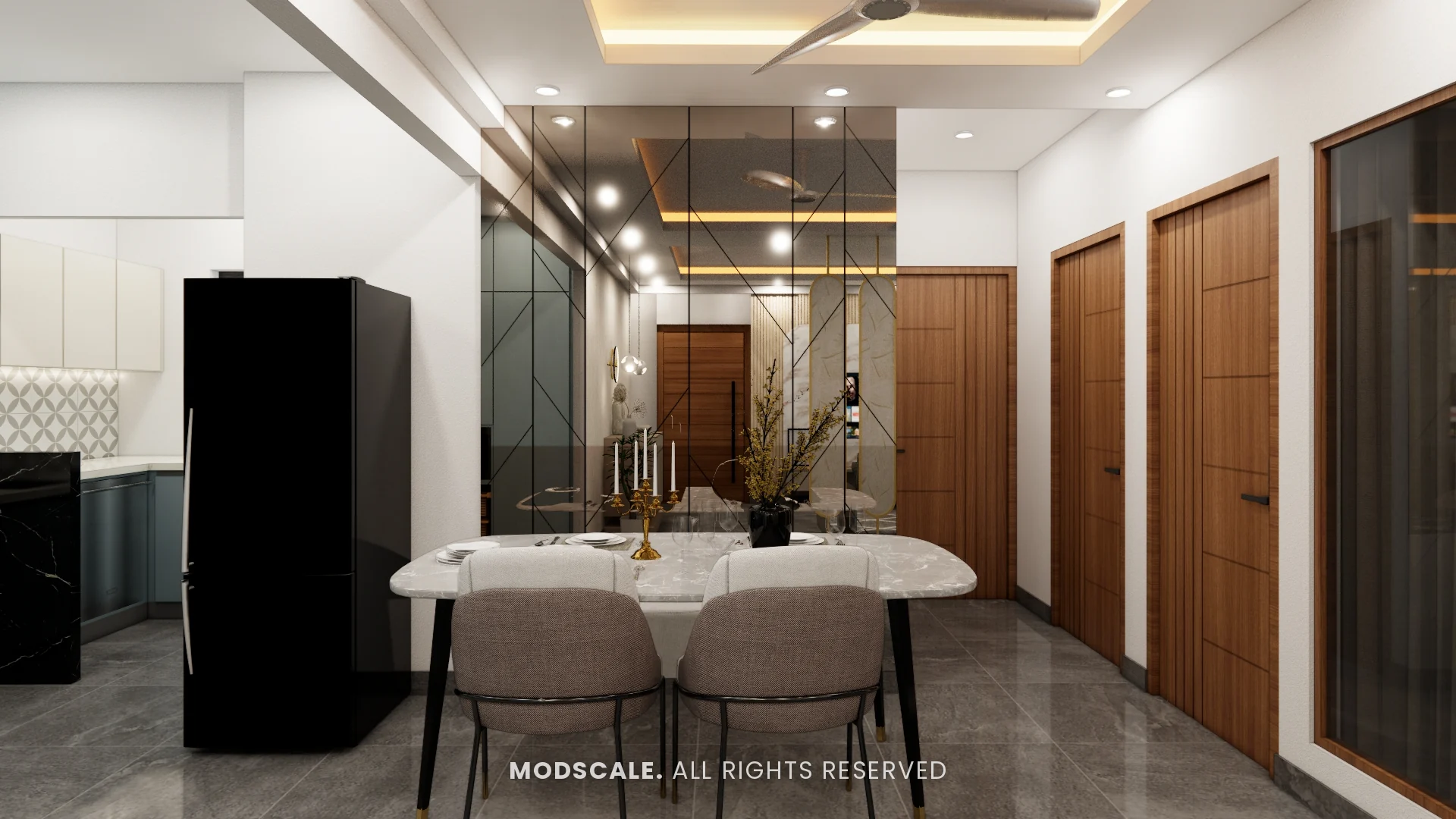 Marble-top dining table with grey chairs between the kitchen and bedrooms, Sharath’s home interior at Keya Around The Life, Whitefield