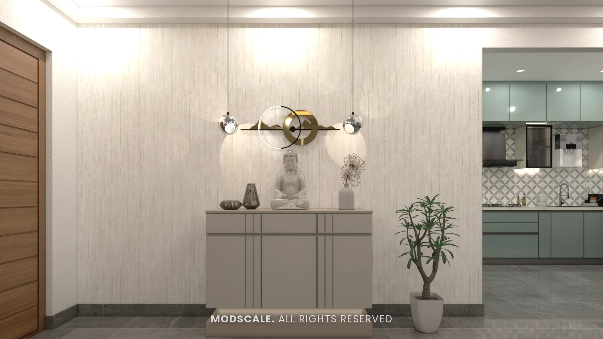 Foyer console with Buddha figure and pendant lights against textured wallpaper, Sharath’s home interior at Keya Around The Life, Whitefield