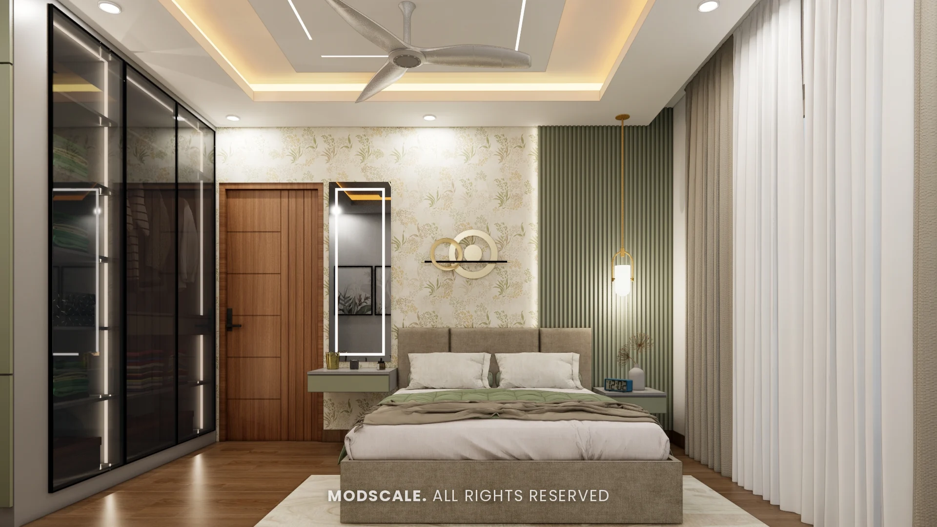 Guest bedroom with floral wallpaper, green fluted panel and tinted glass wardrobe, Sharath’s home interior at Keya Around The Life, Whitefield