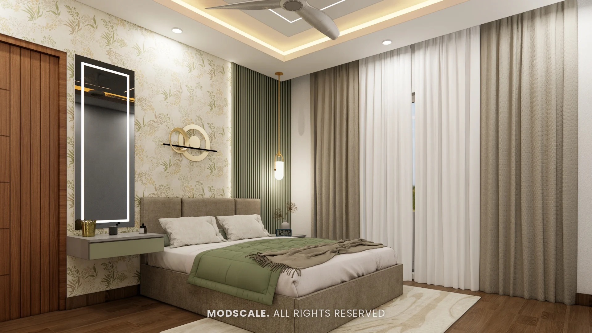 Guest bed with backlit mirror dresser and pendant light, Sharath’s home interior at Keya Around The Life, Whitefield