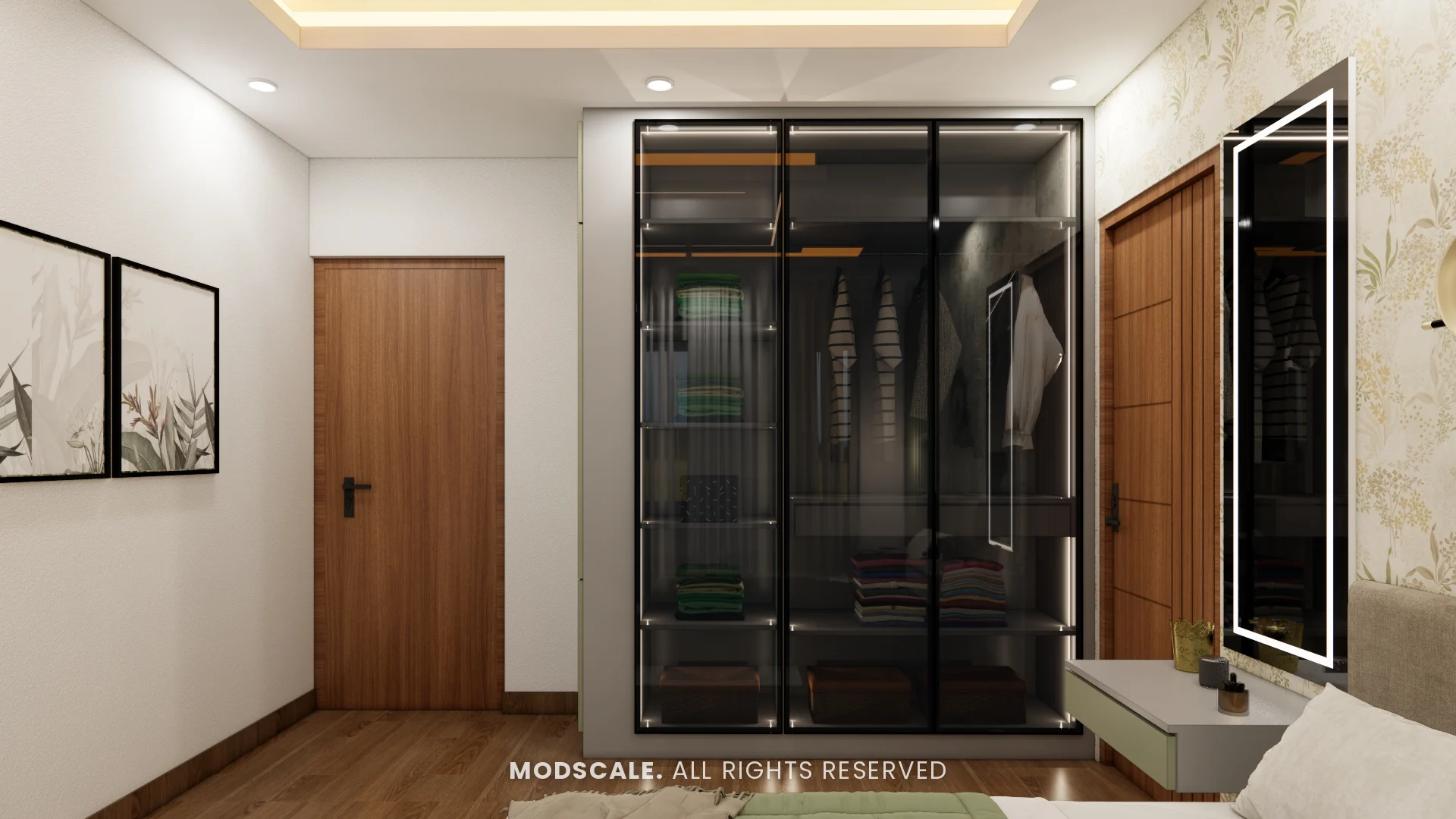 Guest bedroom glass wardrobe with wooden flooring, Sharath’s home interior at Keya Around The Life, Whitefield