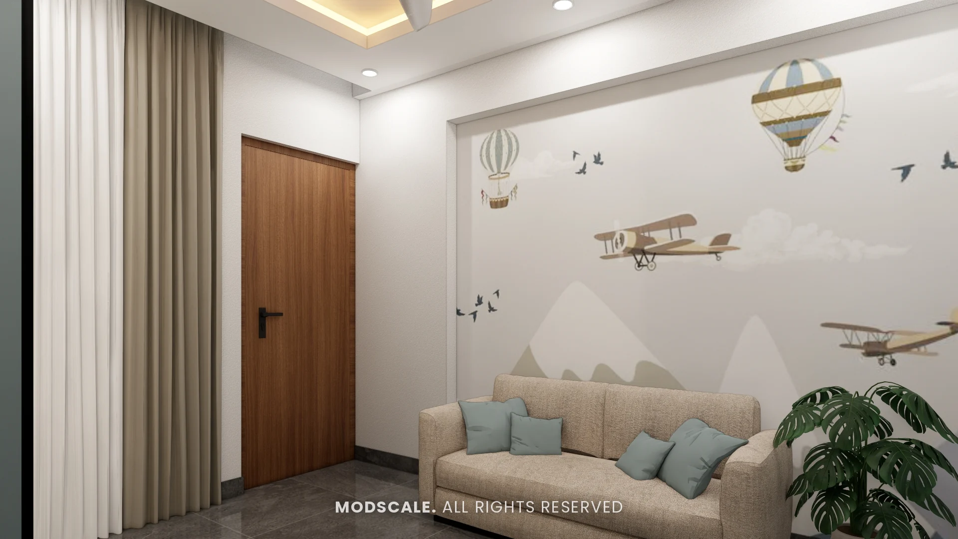 Kids room with hot-air-balloon and aeroplane mural and a sofa, Sharath’s home interior at Keya Around The Life, Whitefield