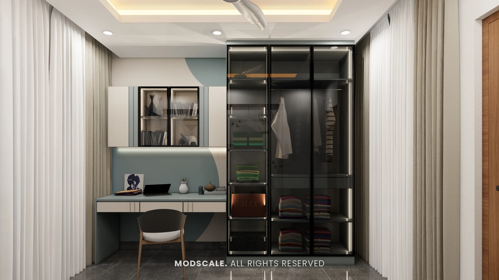 Kids study unit and tinted glass wardrobe between full-height curtains, Sharath’s home interior at Keya Around The Life, Whitefield