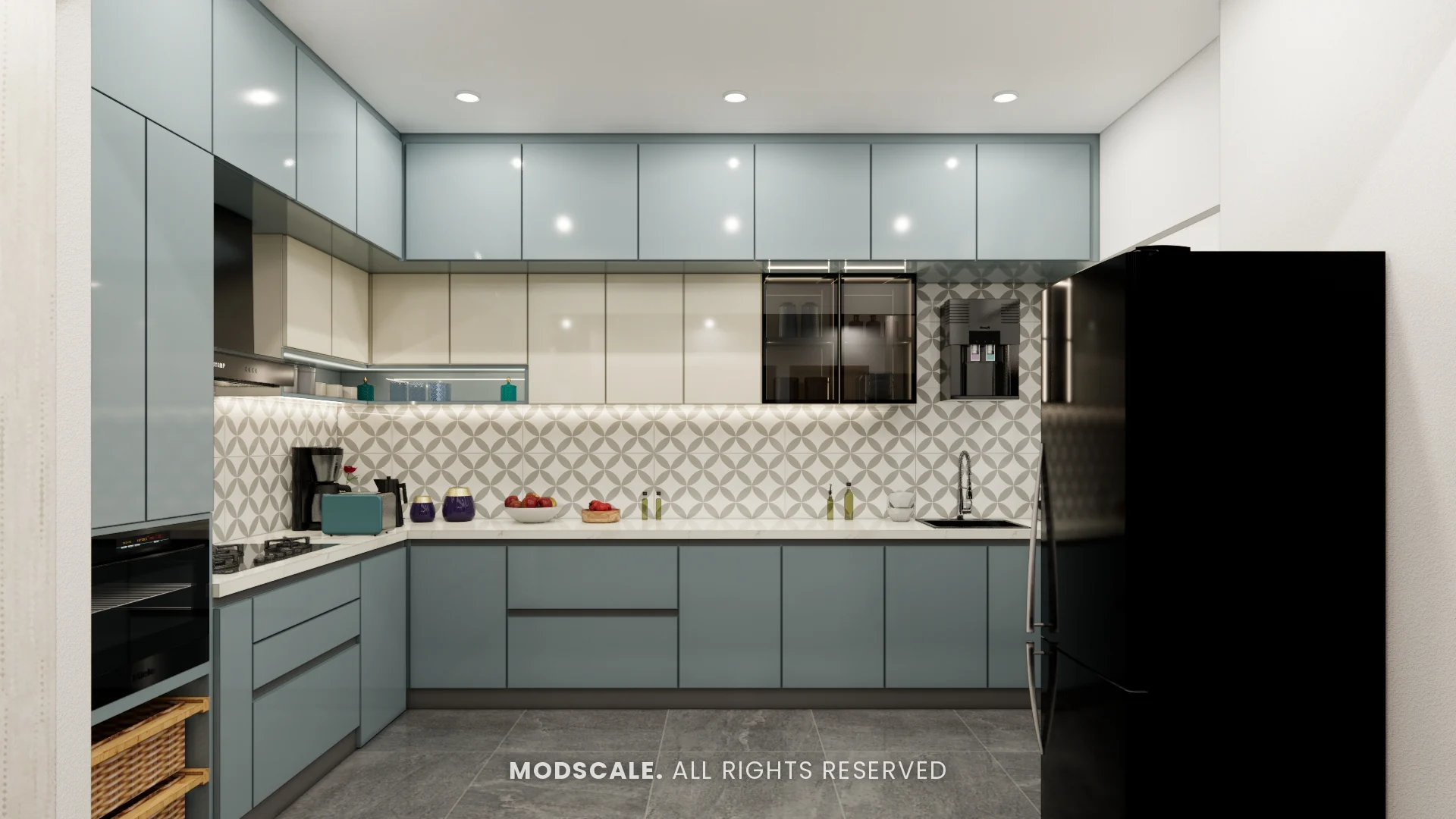 U-shaped modular kitchen with blue-grey base units, cream wall units and patterned tile backsplash, Sharath’s home interior at Keya Around The Life, Whitefield