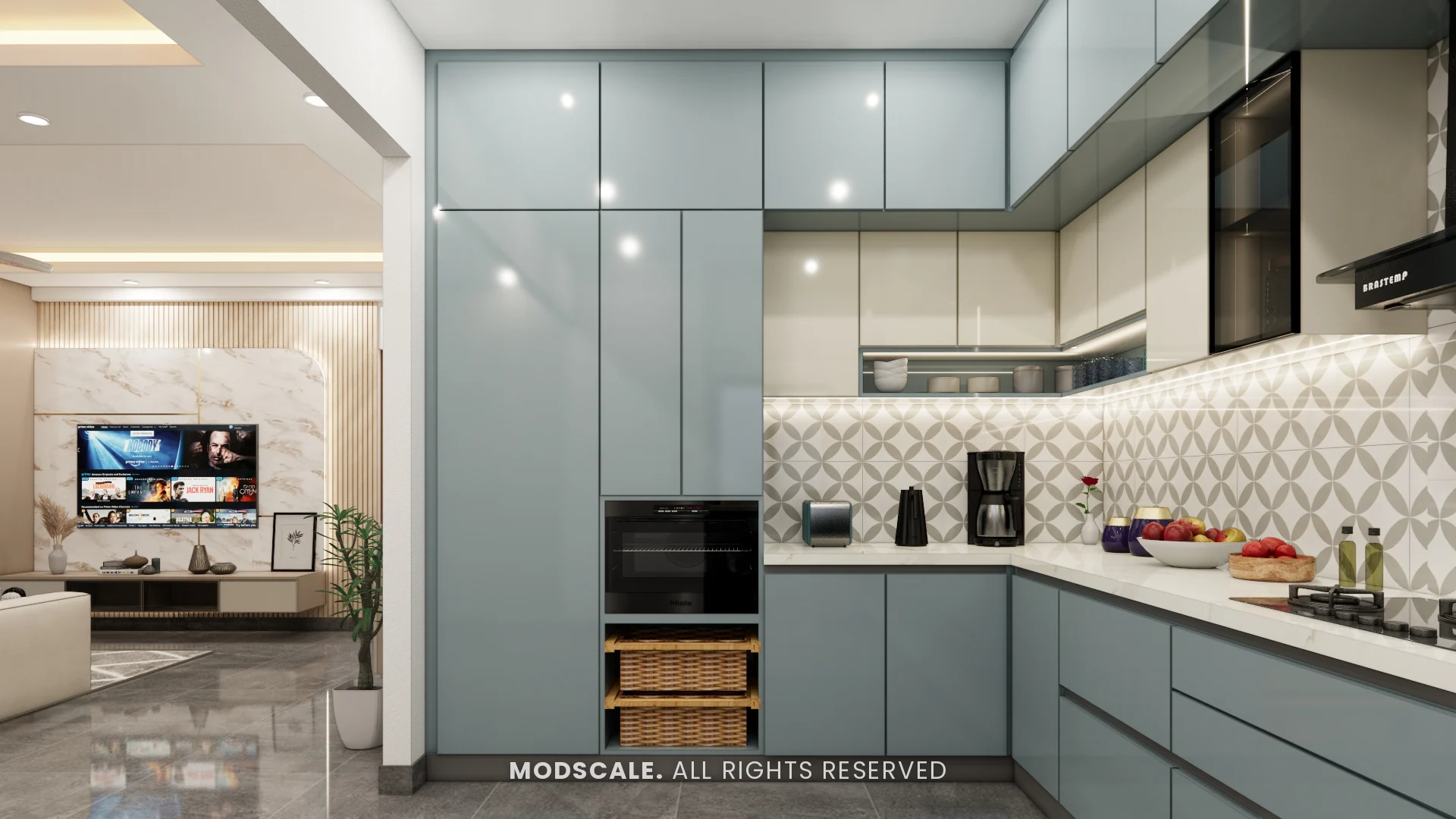 Kitchen tall unit with built-in oven and wicker baskets, open to the living room, Sharath’s home interior at Keya Around The Life, Whitefield