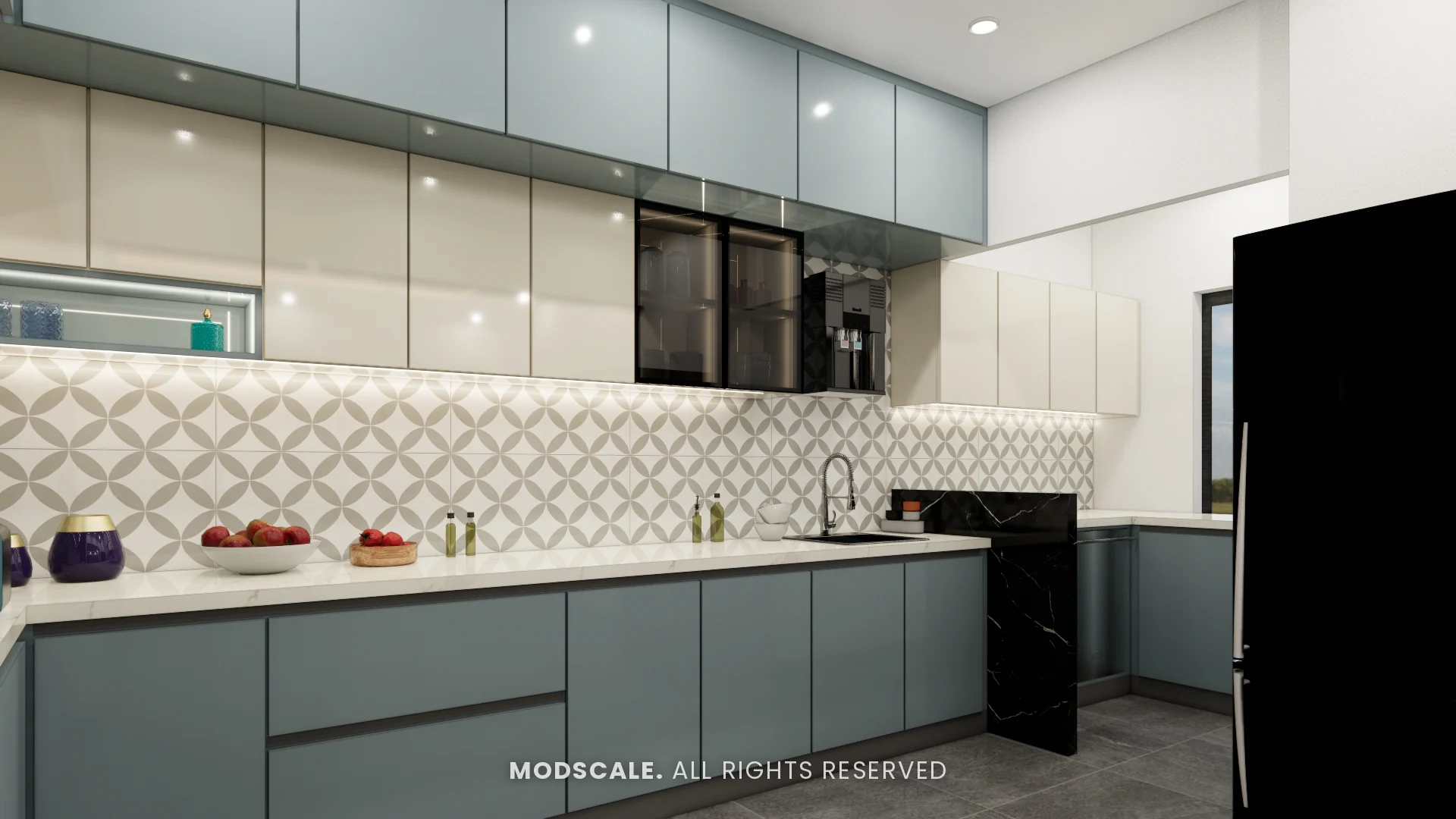 Kitchen counter with tinted glass wall cabinets and under-cabinet lighting, Sharath’s home interior at Keya Around The Life, Whitefield