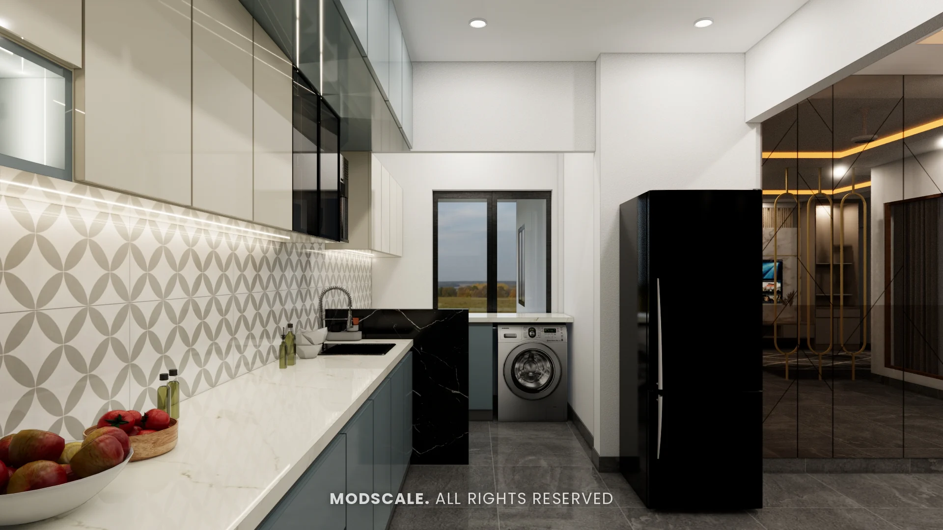 Kitchen counter towards the utility area with washing machine and refrigerator, Sharath’s home interior at Keya Around The Life, Whitefield