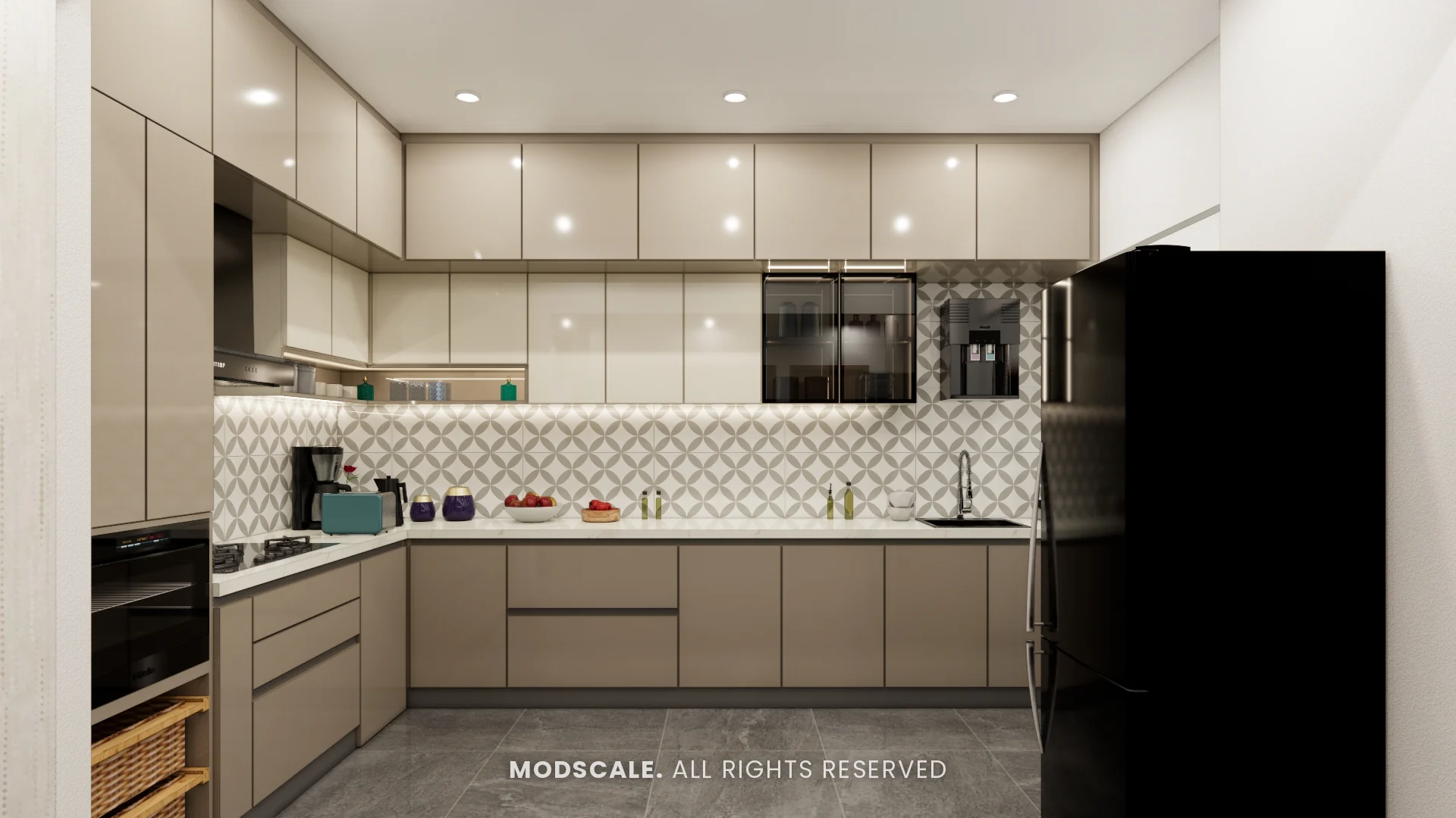 Kitchen option in taupe and cream with the same patterned backsplash, Sharath’s home interior at Keya Around The Life, Whitefield