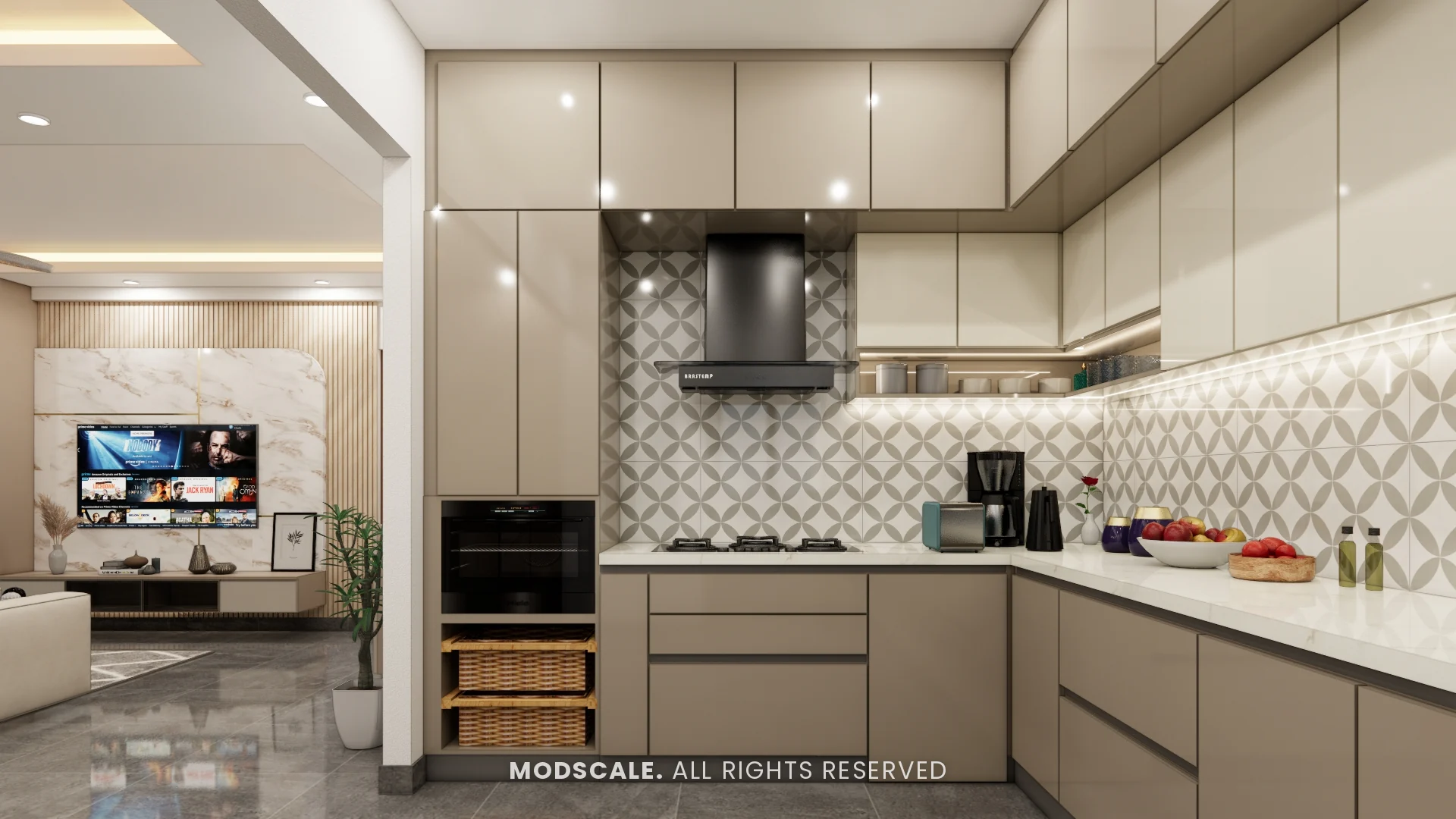Taupe kitchen option with chimney, built-in oven and view to the living room, Sharath’s home interior at Keya Around The Life, Whitefield