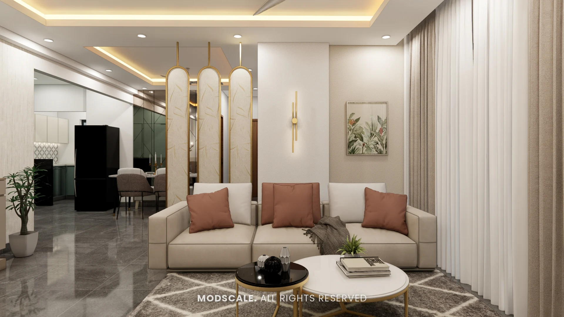 Living room with cream sofa, terracotta cushions and gold-framed arched partition towards the dining area, Sharath’s home interior at Keya Around The Life, Whitefield