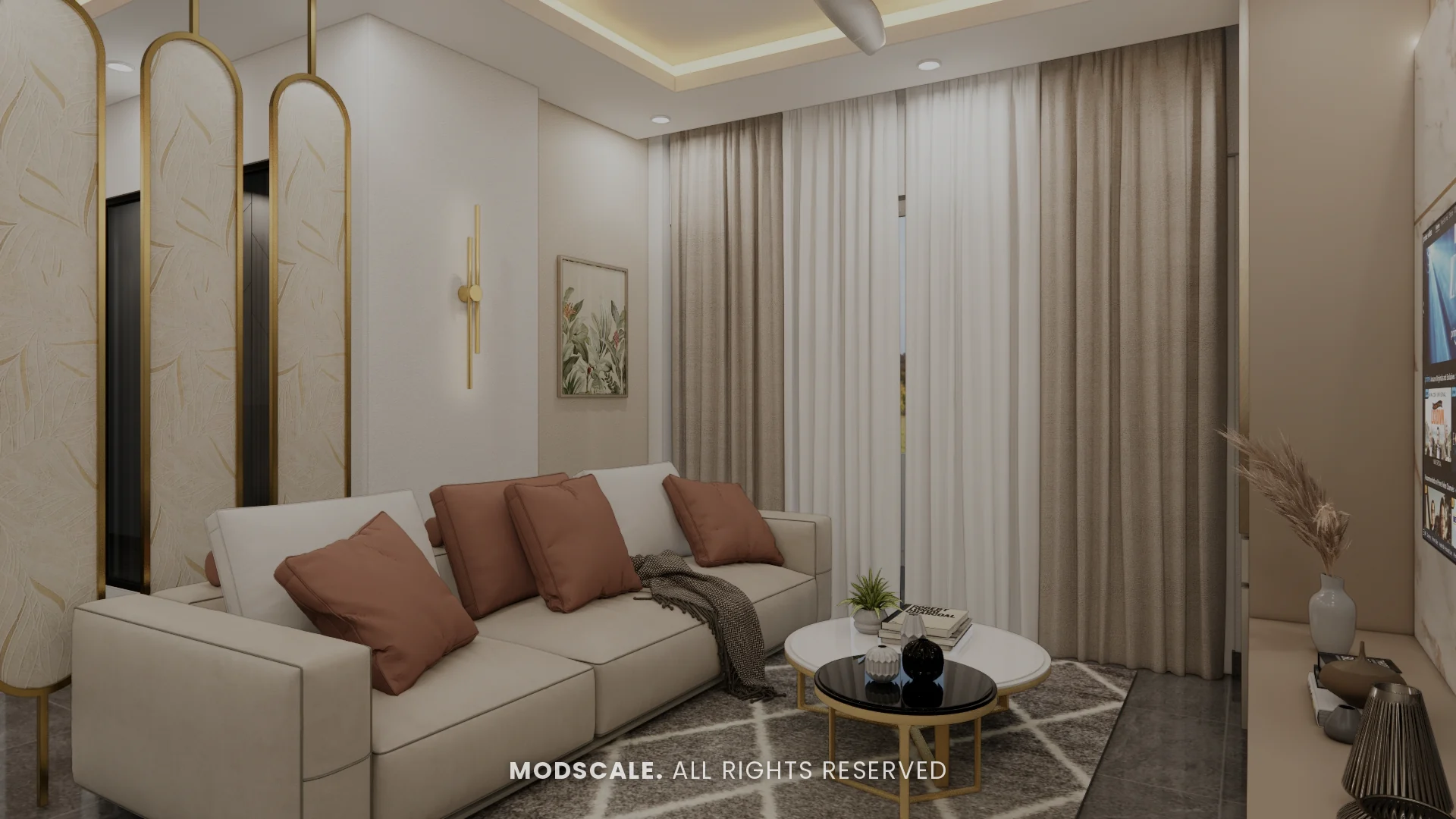 Cream sofa with terracotta cushions, nesting coffee tables and wall sconce, Sharath’s home interior at Keya Around The Life, Whitefield
