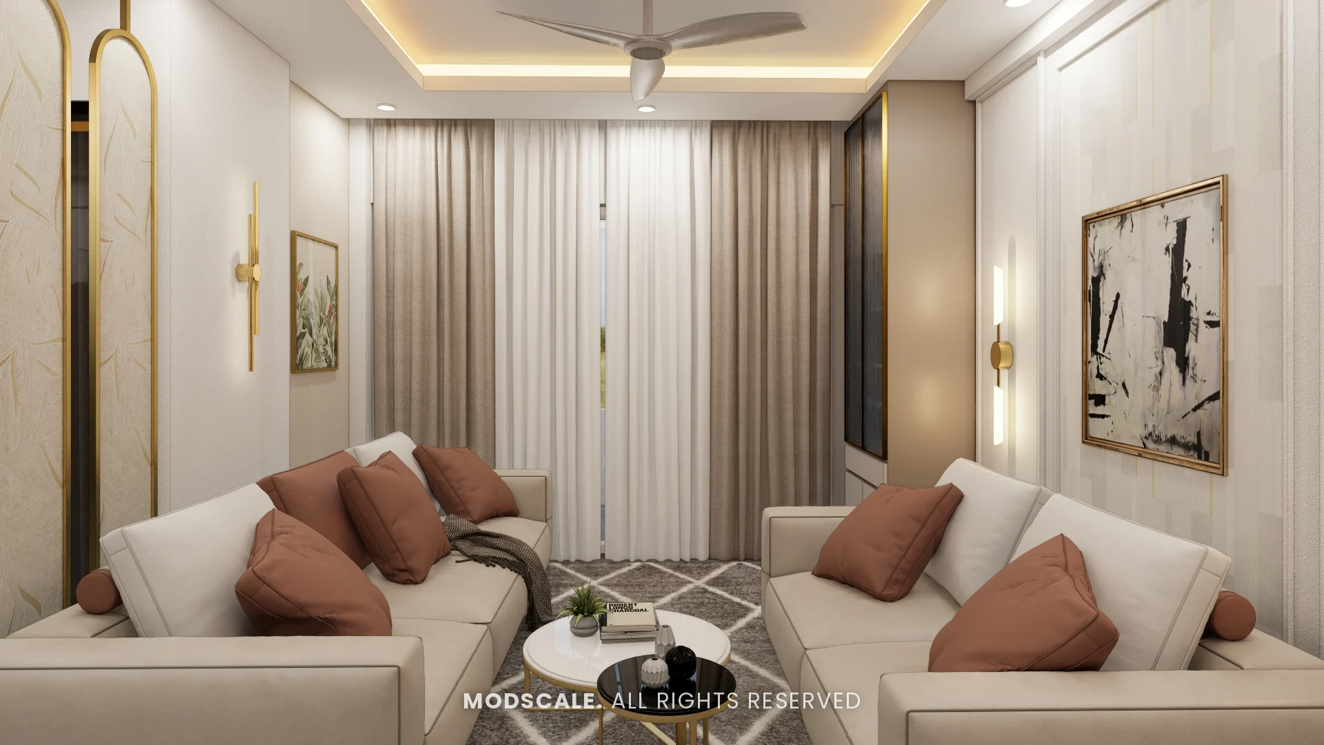 Two-sofa seating arrangement with cove-lit ceiling and full-height curtains, Sharath’s home interior at Keya Around The Life, Whitefield
